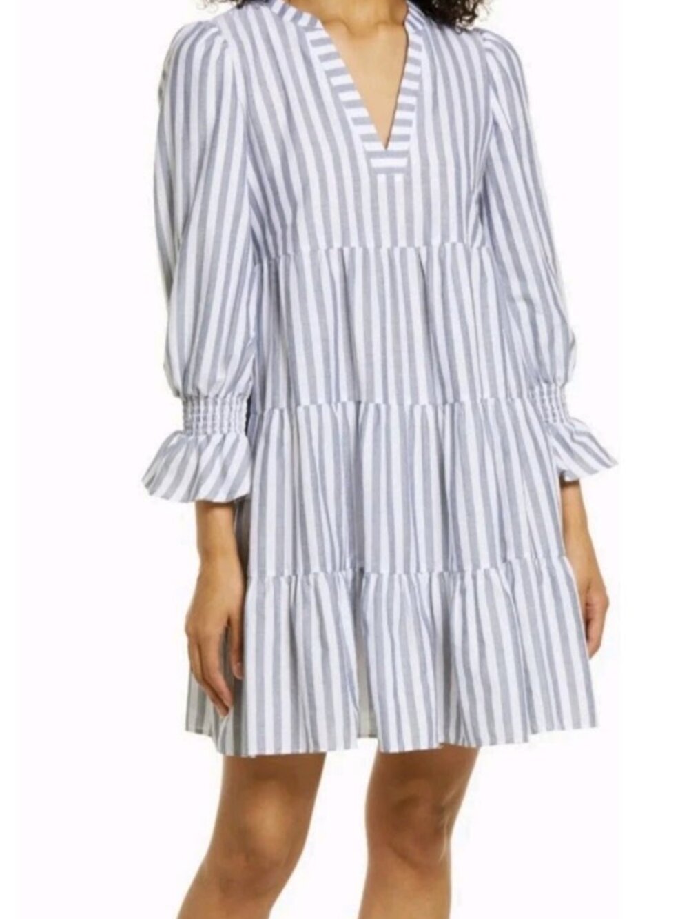 Eliza J Striped Cotton Tiered Babydoll Mini Dress V-Neck Ruffle Cuff Size 12